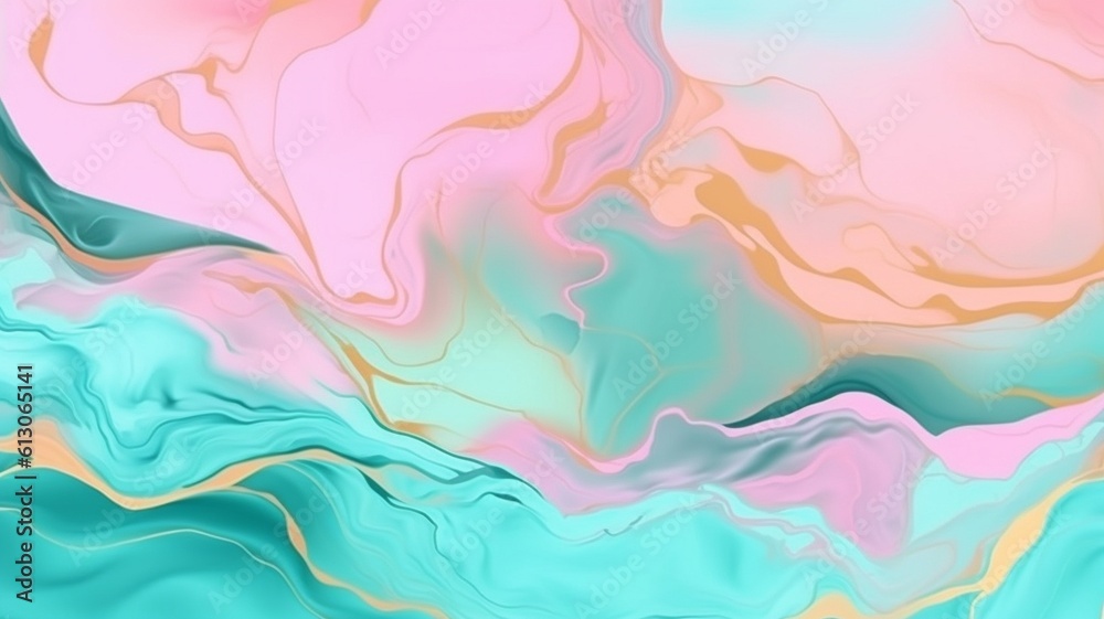 Obraz premium Background of pastel cyan mint liquid marble watercolor with gold brush streaks and lines. Marbling alcohol ink sketch in teal and turquoise. Backdrop for a vector artwork. GENERATE AI