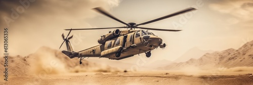Military helicopter flies over a desert landscape. Generative AI photo