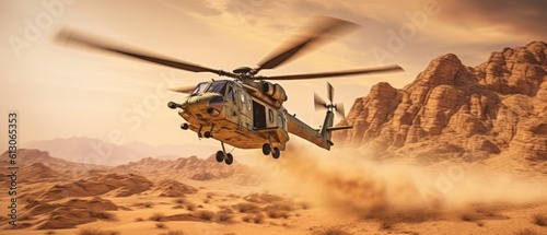 Military helicopter flies over a desert landscape. Generative AI