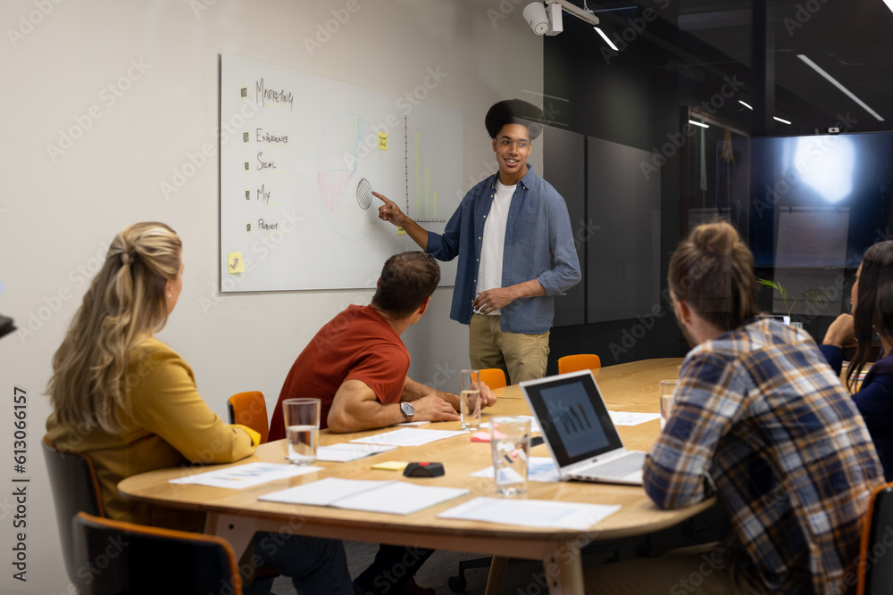 Obraz premium Biracial male creative making presentation at whiteboard to diverse colleagues in meeting room
