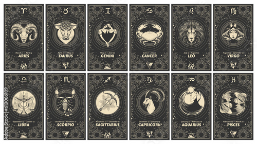 Set of 12 astrology cards with zodiac signs, horoscope, tarot, fortune teller. Vintage engraving, mystical illustration on black background, outline hand drawing, magical esoteric banner.