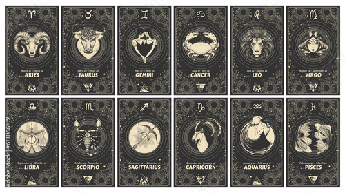 Set of 12 astrology cards with zodiac signs, horoscope, tarot, fortune teller. Vintage engraving, mystical  illustration on black background, outline hand drawing, magical esoteric banner.