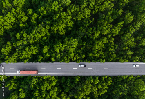 Aerial top view of car and truck driving on highway road in green forest. Sustainable transport. Drone view of hydrogen energy truck and electric vehicle driving on asphalt road through green forest.