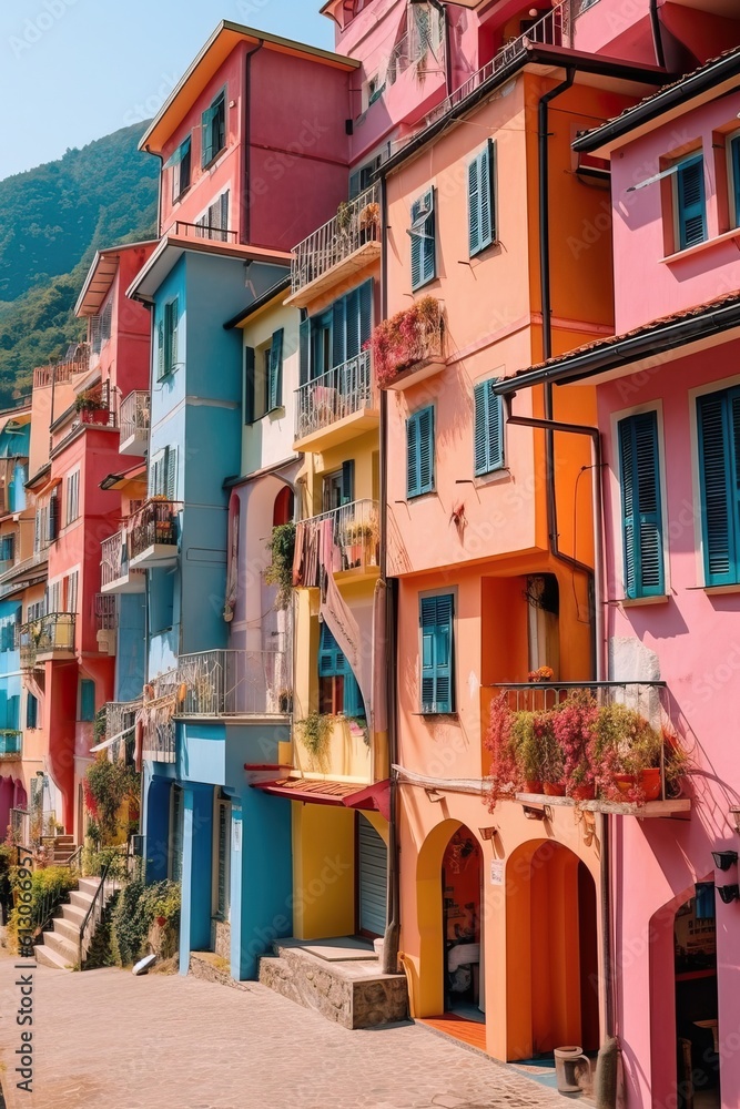 Coastal town with multicolored facades, generative ai