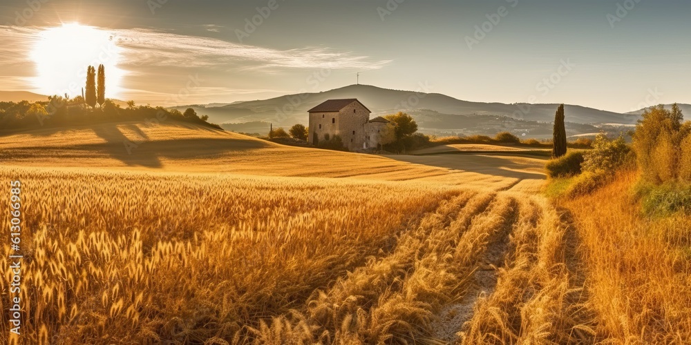 Obraz premium Golden wheat fields in a lovely peaceful day, generative ai