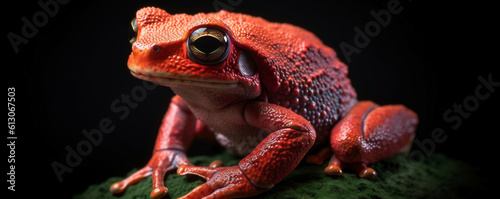 Red frog on a black background. Red frog on a dark background, close up (AI generated)