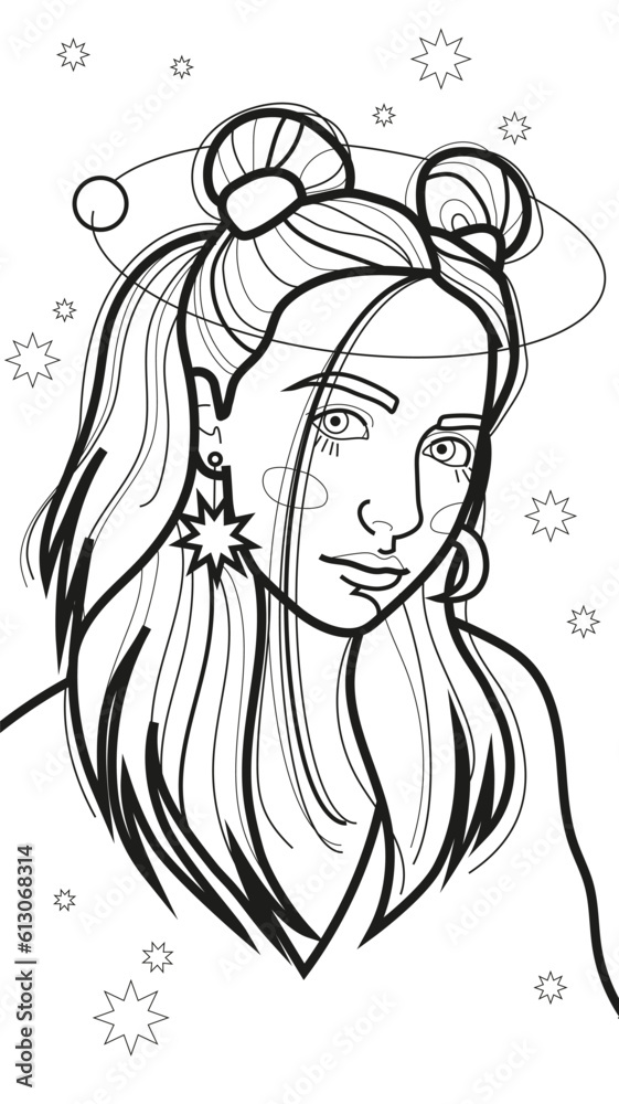 coloring page with the image of a young girl with a fancy hairstyle on the background of the starry sky coloring page with the image of a young girl with a fancy hairstyle on the background of the starry sky