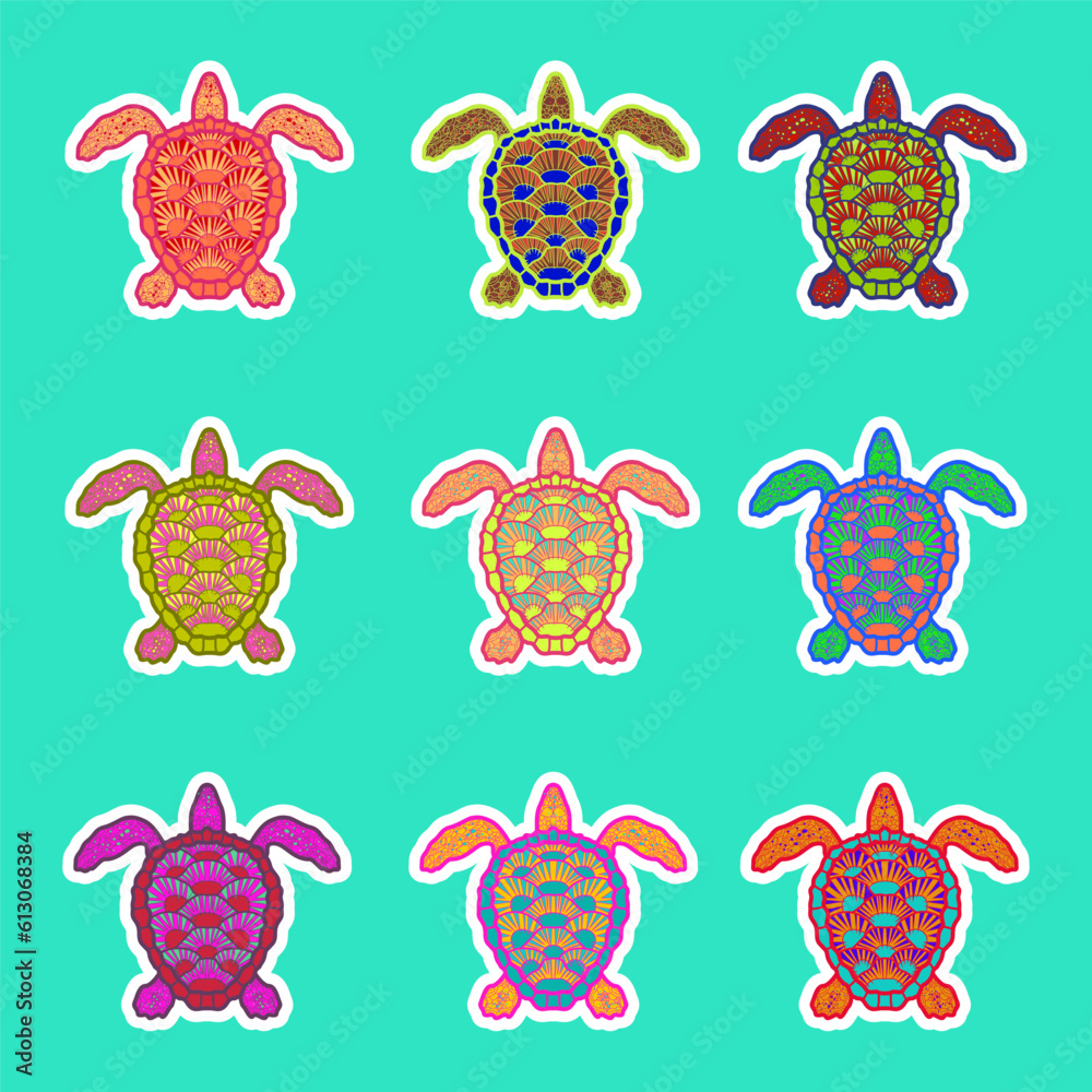a set of bright colorful stickers with the image of sea turtles a set of bright colorful stickers with the image of sea turtles
