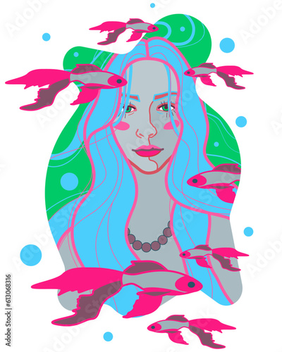 A bright print with the image of a blue-eyed girl in the image of a mermaid, personifying the Pisces zodiac sign