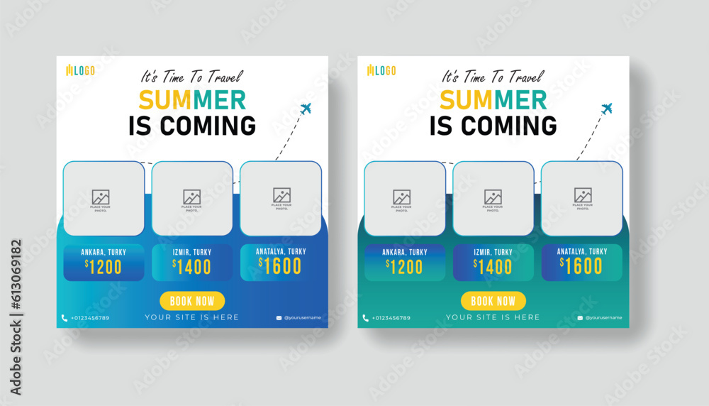 Fototapeta premium Summer vacation social media post template. Holiday package video thumbnail design and web banner for for travel agency.