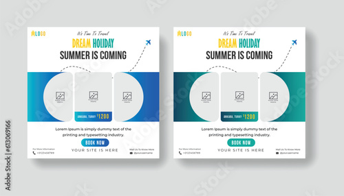 Summer vacation social media post template. Holiday package video thumbnail design and web banner for for travel agency.