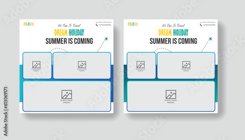 Summer vacation social media post template. Holiday package video thumbnail design and web banner for for travel agency.