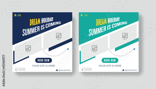 Summer vacation social media post template. Holiday package video thumbnail design and web banner for for travel agency.