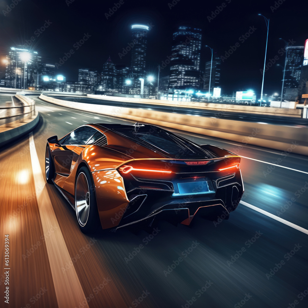 Powerful acceleration of a supercar on a night track with colorful lights and trails. AI Generation