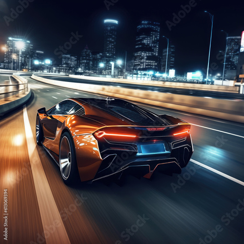 Powerful acceleration of a supercar on a night track with colorful lights and trails. AI Generation