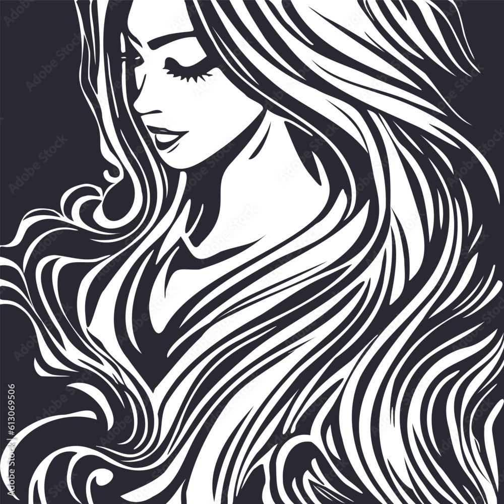 Vector graphic monochrome portrait of a beautiful shy modest girl with flowing gorgeous hair. Square sticker or icon. Vector graphic monochrome portrait of a beautiful shy modest girl with flowing gorgeous hair. Square sticker or icon.