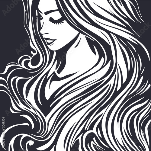 Vector graphic monochrome portrait of a beautiful shy modest girl with flowing gorgeous hair. Square sticker or icon.