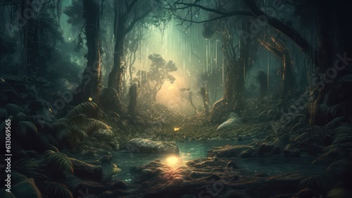 Mystical forest scene at night as digital art. Generative AI