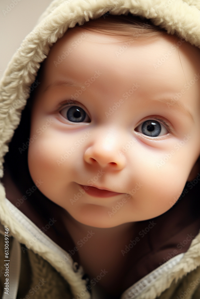 Portrait cute baby looking happy smiling at camera - Close-Up Portrait - Baby, Breastfeeding, Health or Parenting Theme - Generative AI
