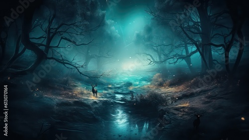 Mystical forest scene at night as digital art. Generative AI © Unionproject
