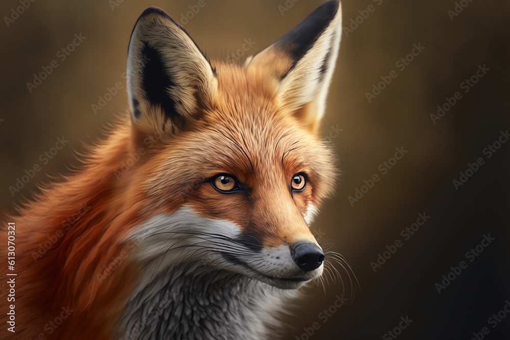 Red Fox - Vulpes vulpes, sitting up at attention. Red fox portrait. Generative AI. Red Fox - Vulpes vulpes, sitting up at attention. Red fox portrait. Generative AI.