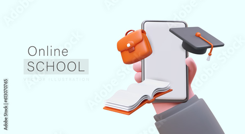 Phone application for distance learning. User is holding 3D smartphone with student accessories. Time to study. Advertising poster for schools, studios, courses, colleges with online programs