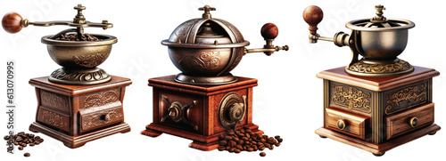 Antique coffee grinders for coffee beans on a transparent background, Generative AI