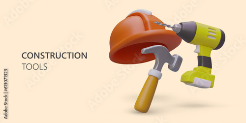 Working tools. Isometric cordless drill, hammer, hard hat. Professional equipment for construction, repair. Color advertising concept. Construction safety equipment
