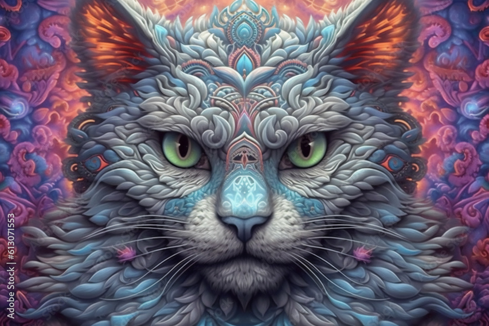 Generative AI - Dmt art style, face of cat Generative AI - Dmt art style, face of cat
