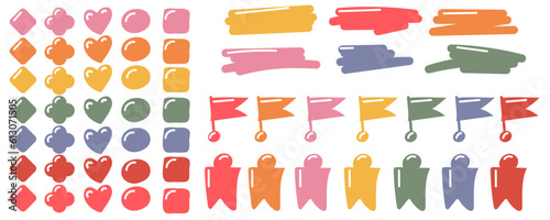 A set of small elements of different shapes with a small volume for selection. Icons of cases in the glider. A set of colored elements for making a list of tasks in a fashionable flat style for glider