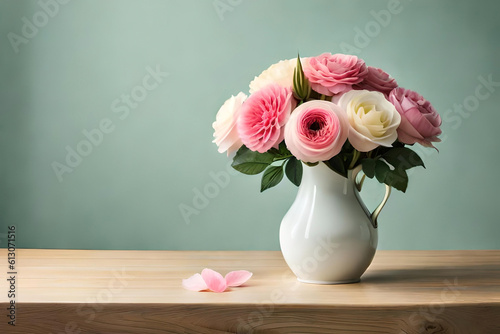 Hybrid Tea Rose arrangement in a vase on a light green background © Beste stock