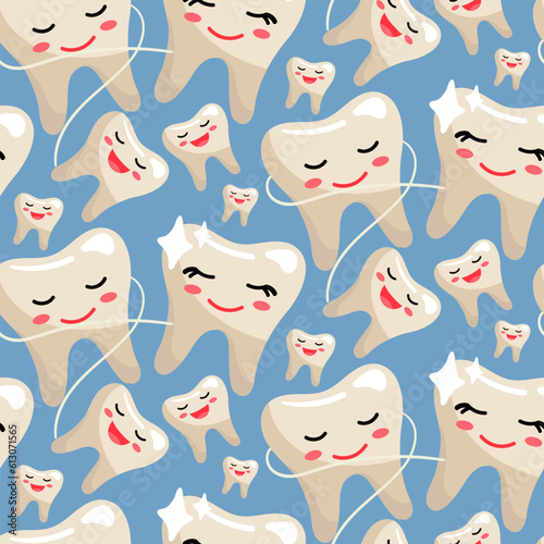A pattern of funny cute healthy teeth with dental floss. Topic brushing teeth. Funny vector illustration. Blue background for the dental. printing on textiles and paper. Cartoon cute ornament