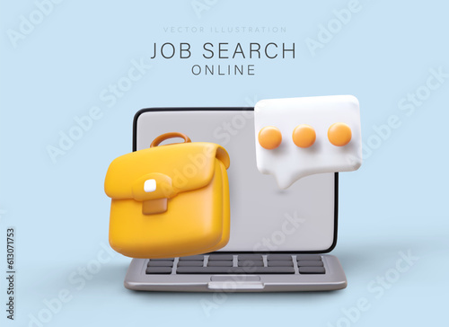 Job search via Internet. View vacancies. Examining offers from employers. Advertising poster for job search application. Collection of resumes and vacancies