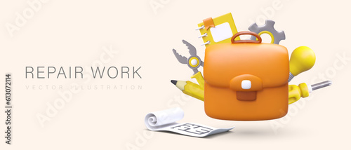 Repair works. Team of craftsmen for any type of restoration work. Services of architect, designer, electrician, plumber. Color advertising in cute plasticine style
