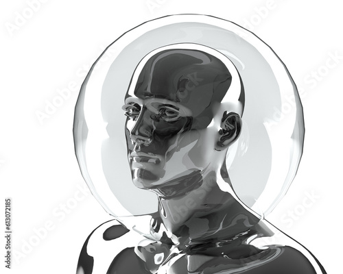 3D illustration of a male silver torso on a white background. Metal mannequin in security bubble. 