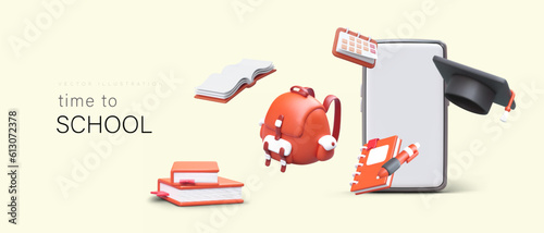 Back to school. Online selection of things necessary for studying. Lesson schedule in phone. Advertising of educational programs and applications. Horizontal banner with 3D elements in cartoon style