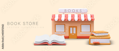 3D bookstore with sign. Stacks of books in cartoon style. Advertising template for online bookstore. Products for adults and children. Modern poster with place for offer
