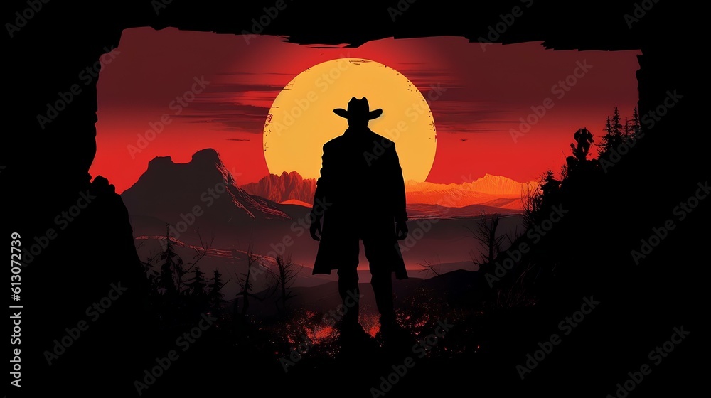 gunslinger with cowboy hat and coat in western environment background