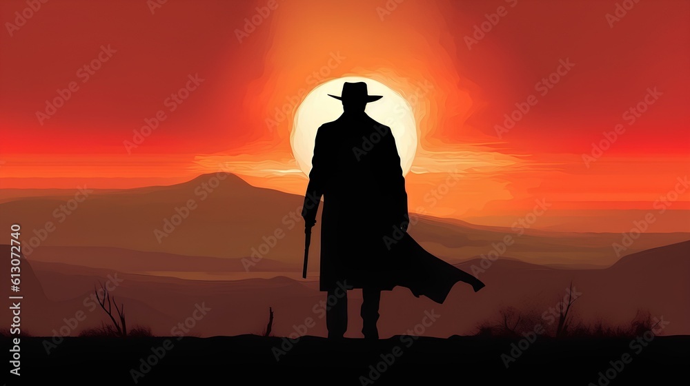 gunslinger with cowboy hat and coat in western environment background