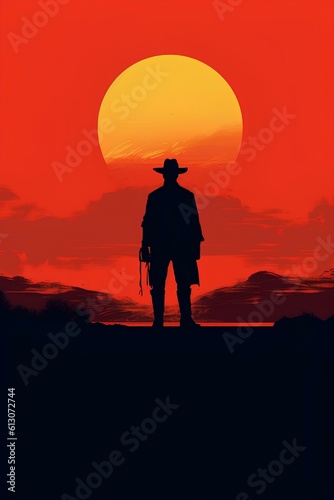 gunslinger with cowboy hat and coat in western environment background, minimalism, dark sunset. generative AI