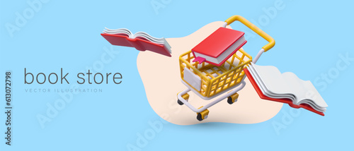 Bookstore on Internet. Preparation for academic year. Electronic versions of books and textbooks. Bright banner with 3D shopping cart filled with books