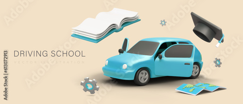 International drivers license, permit. Traffic rules of different countries. Certified documents. Vector concept with 3D car, world map, student accessories