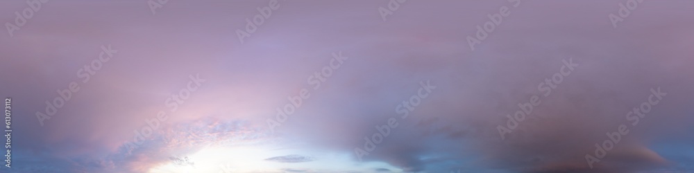 Obraz premium Sunset sky panorama with bright glowing pink Cumulus clouds. HDR 360 seamless spherical panorama. Full zenith or sky dome for 3D visualization, sky replacement for aerial drone panoramas.