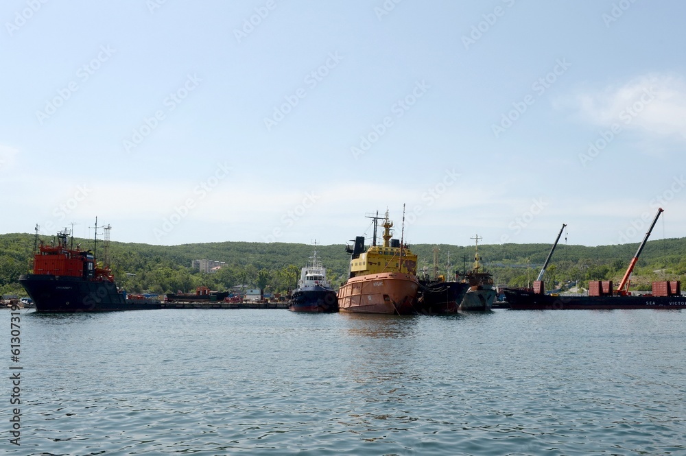 Sea vessels in the Eastern Bosphorus Strait of Peter the Great Bay	 