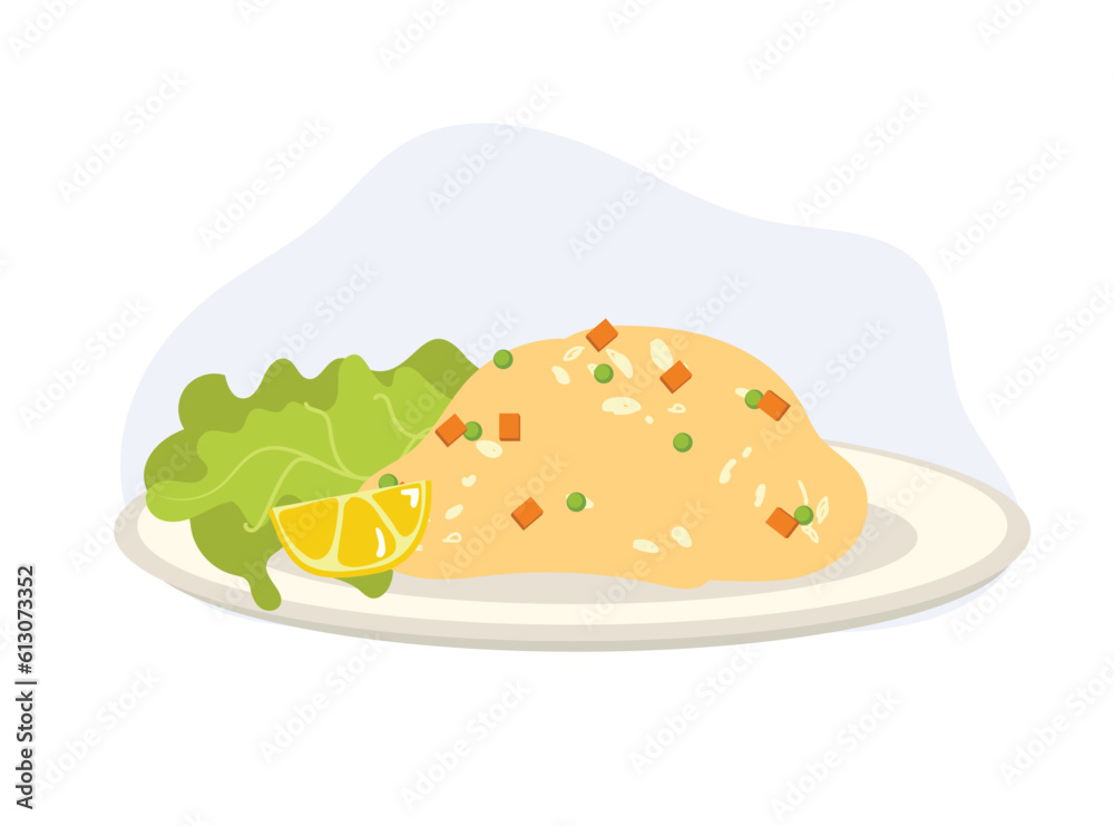 Fried rice in plate. Asian egg fried rice. food. Flat vector cartoon illustration Fried rice in plate. Asian egg fried rice. food. Flat vector cartoon illustration