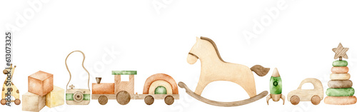 Seamless border of childrens wooden toys, newborn teething toys, rocking horse, pyramid, train, car, rocket, cubes and giraffe on wheels. Watercolor Eco baby toys. Nursery decor. Hand drawn
