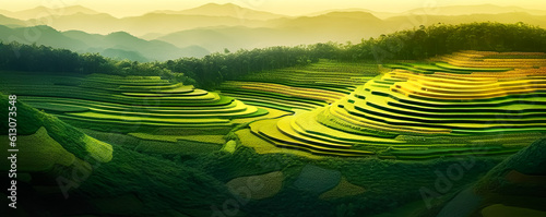 Abstract landscape rice terraces field in colorful.nature agriculture patterns,beautiful greeny hills or valley mountain.generative ai art photo