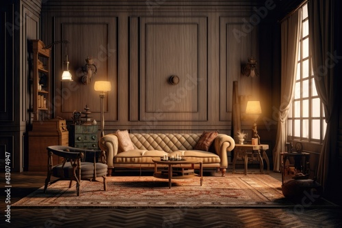 Mockup of a living room with vintage furniture surrounded by old wooden wall, in the style of neoclassical clarity, dark beige and amber, flattering lighting, meticulously, 19th century. Generative AI