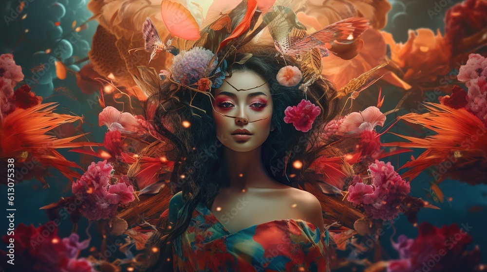 Surreal collage. Abstract contemporary art portrait of young woman with blossom flowers.  Generative Ai.