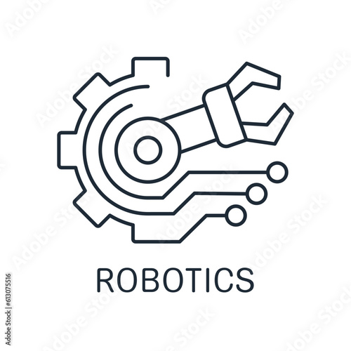 A mechanism with an electronic board controls a mechanical arm. Robotics. High digital technology.Vector linear icon isolated on white background.